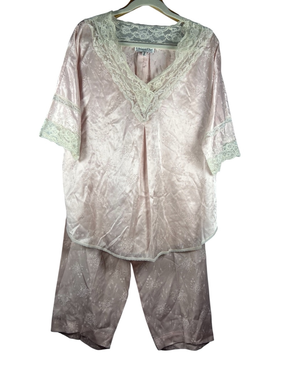 Vintage 80s Christian Dior Light Pink Lace Floral Pajama Set Medium - Picture 1 of 15